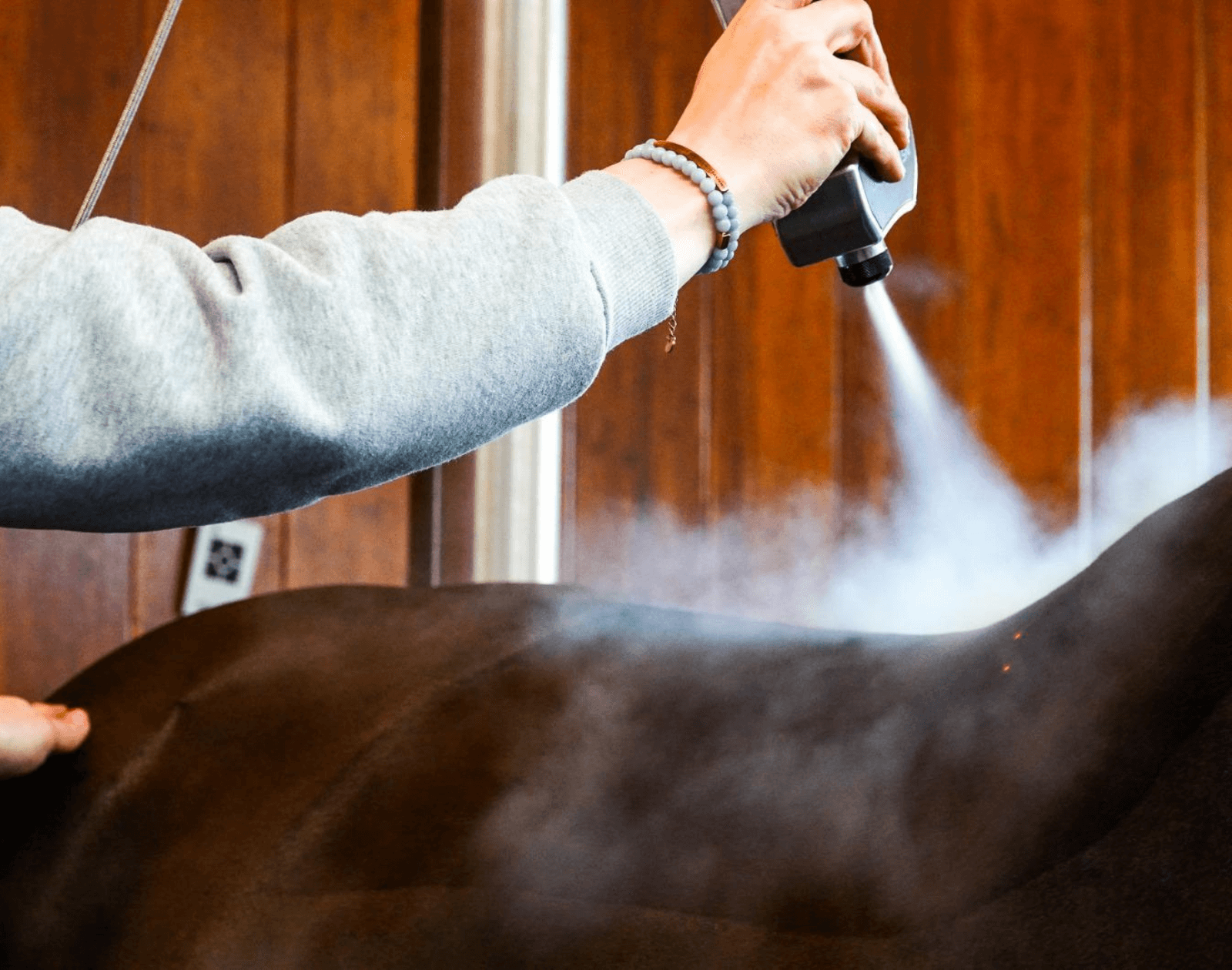 Targeted cryotherapy is performed on a horse's back.