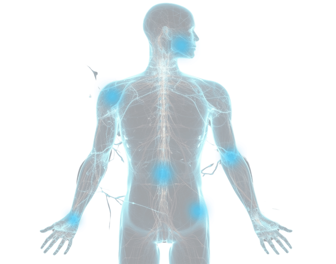 Blue spots on specific parts of the human body to show how localized cryotherapy works.