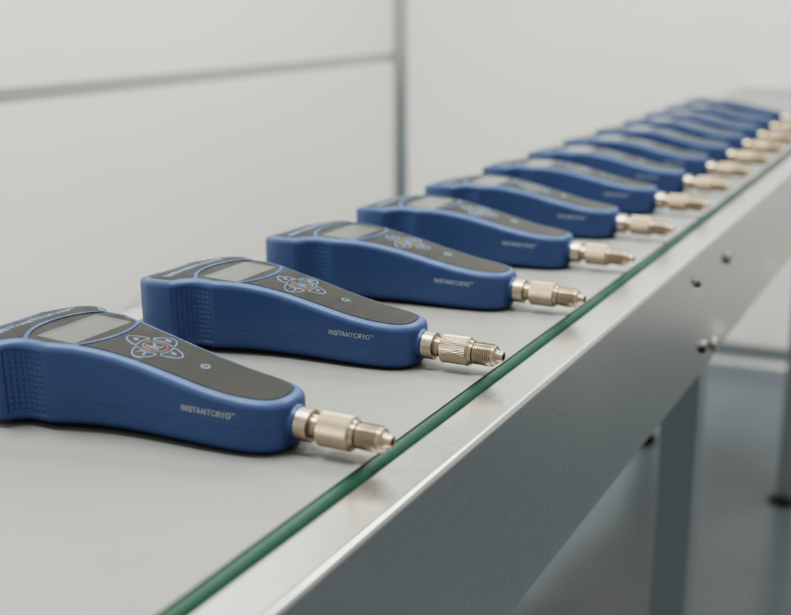 A row of blue cryotherapy devices lined up on a production table.