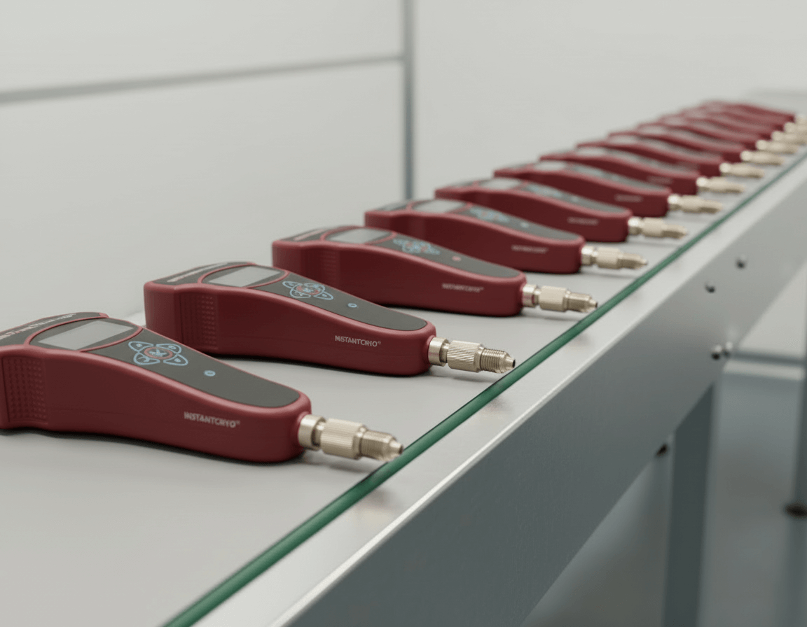 A row of red cryotherapy devices lined up on a production table.