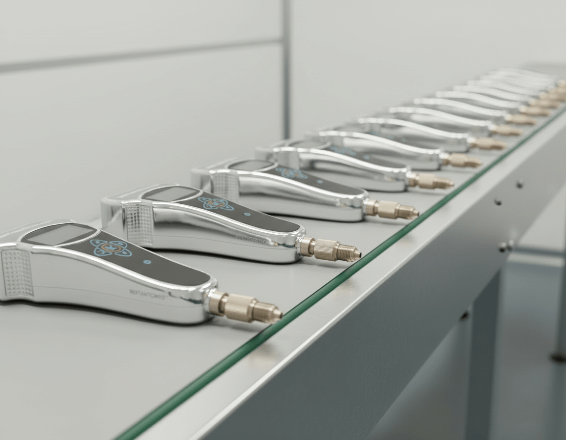 A row of chrome cryotherapy devices lined up on a production table.