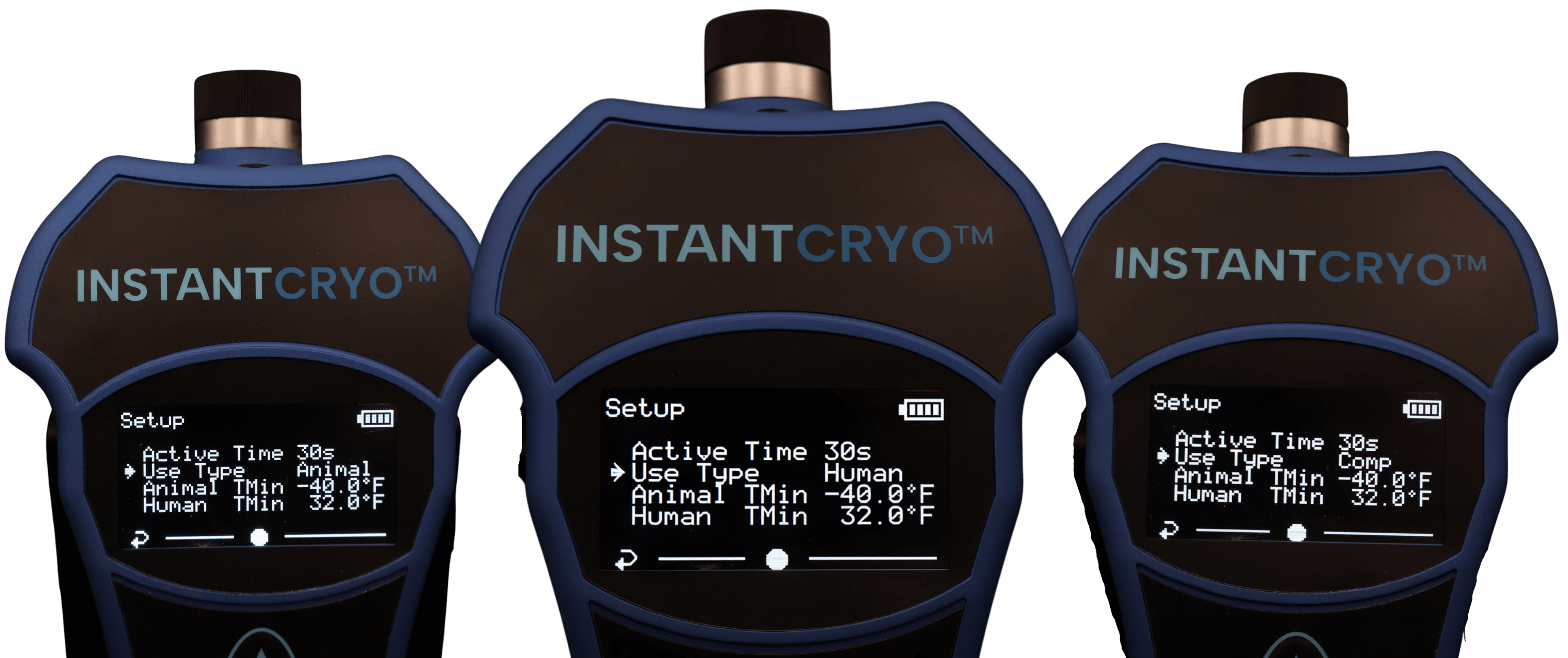 The screens of three cryotherapy devices are shown to display the different user settings for treatments.