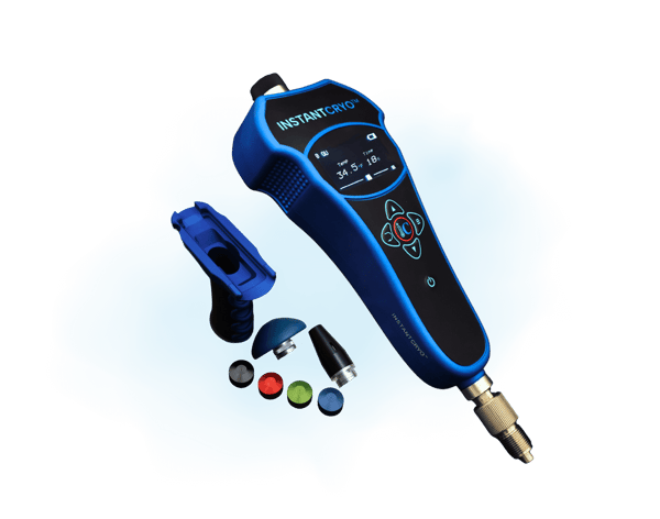 A handheld cryotherapy device with an attachable handle and a range of treatment nozzles.
