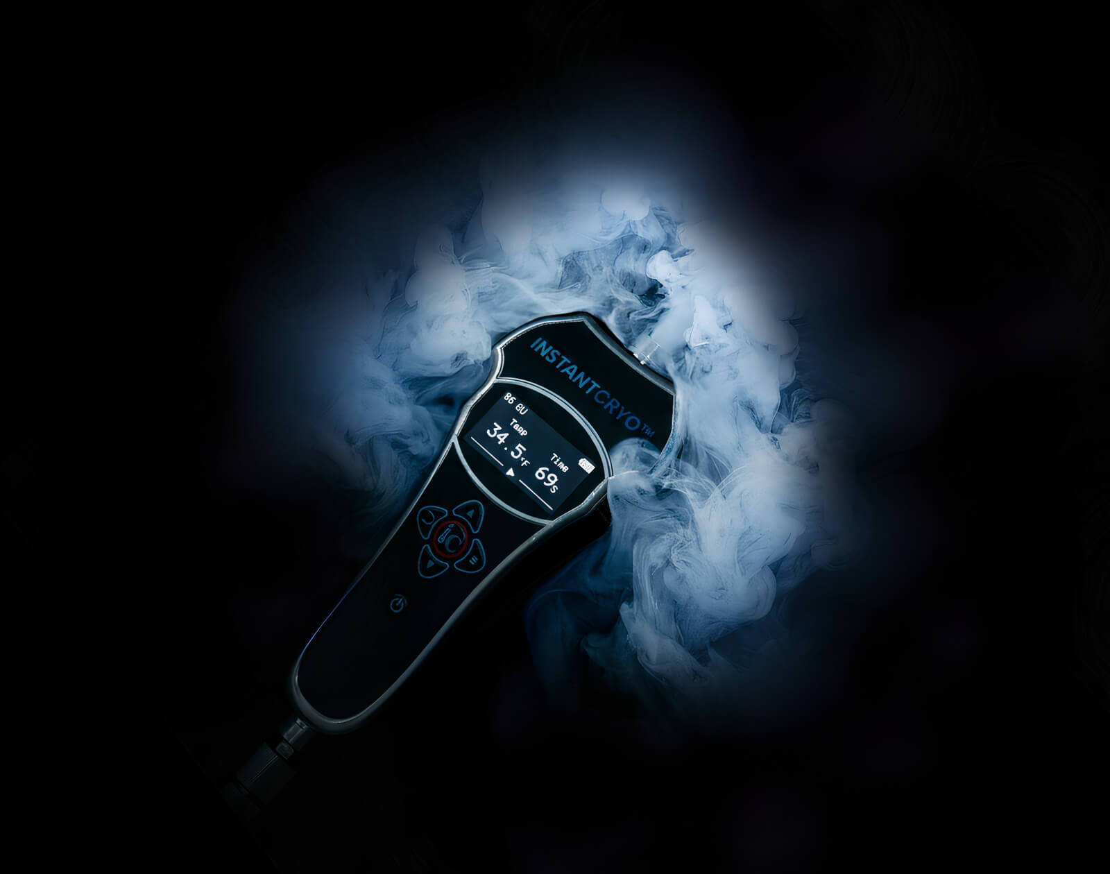 A localized cryotherapy device spraying cold gas to show how it works.