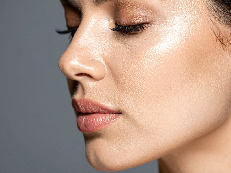 A woman's face that shows clear, smooth, and youthful-looking skin. 