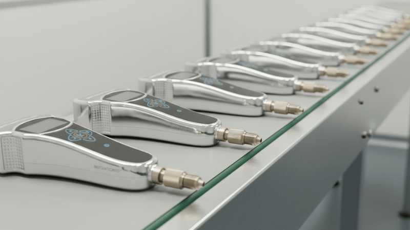 Silver cryotherapy devices in a row on a production line.