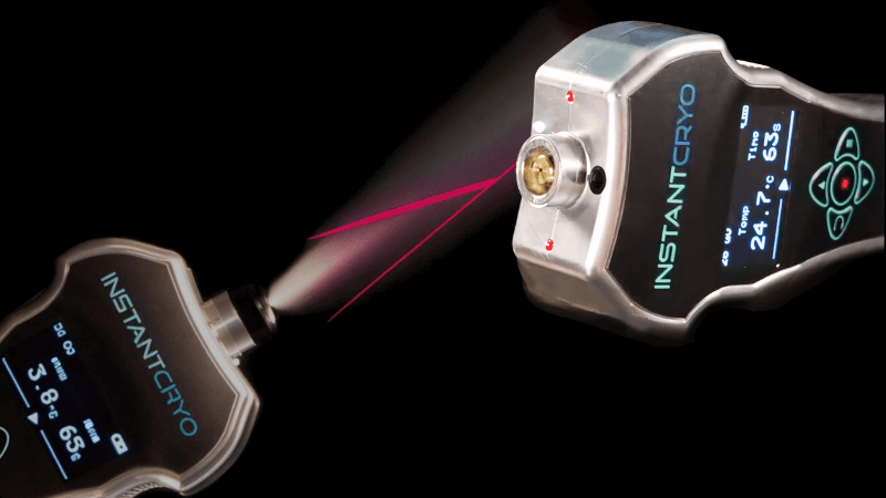 The red lasers installed in a cryotherapy device for safe treatments are shown.