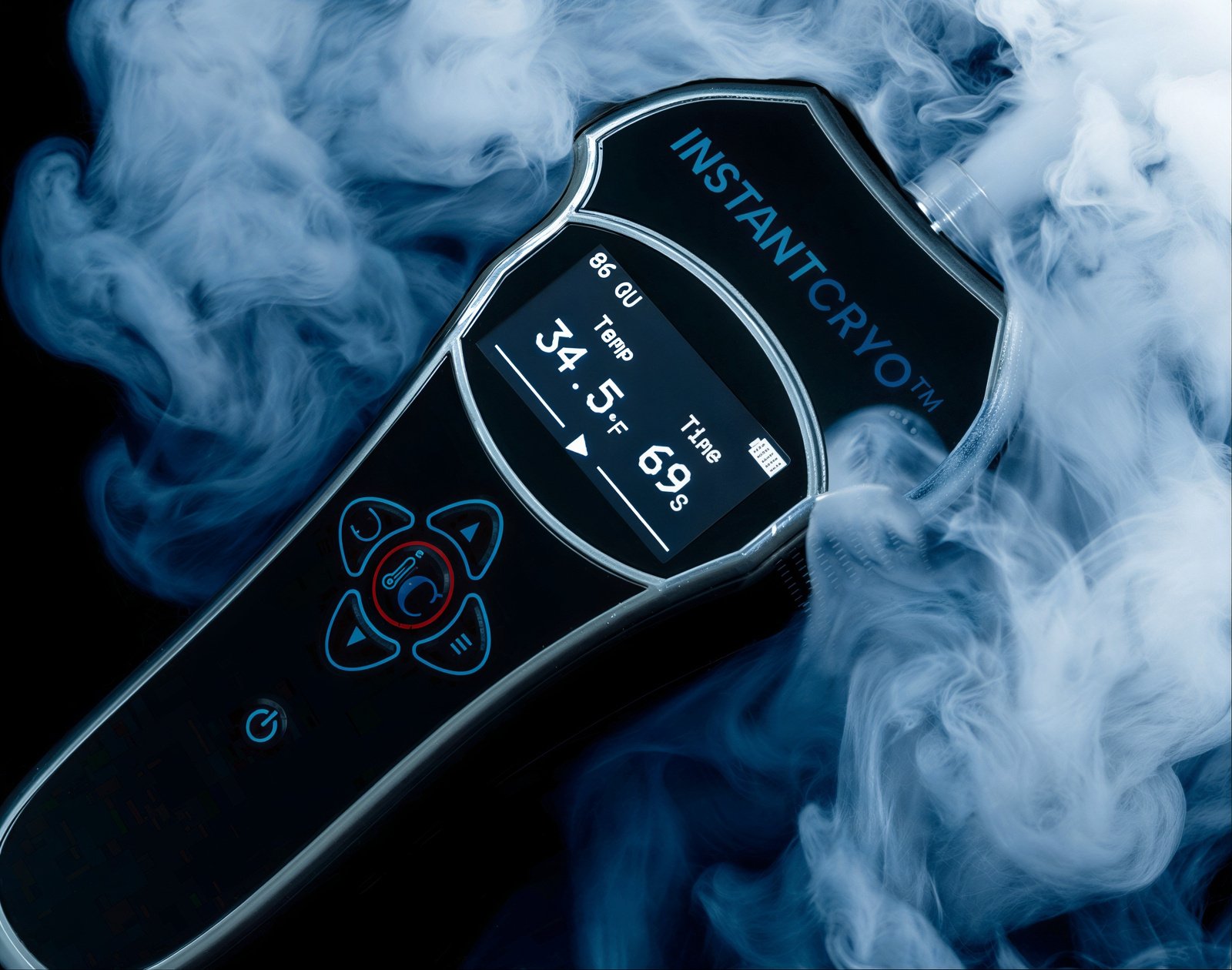 A chrome handheld cryotherapy device surrounded by smoke.