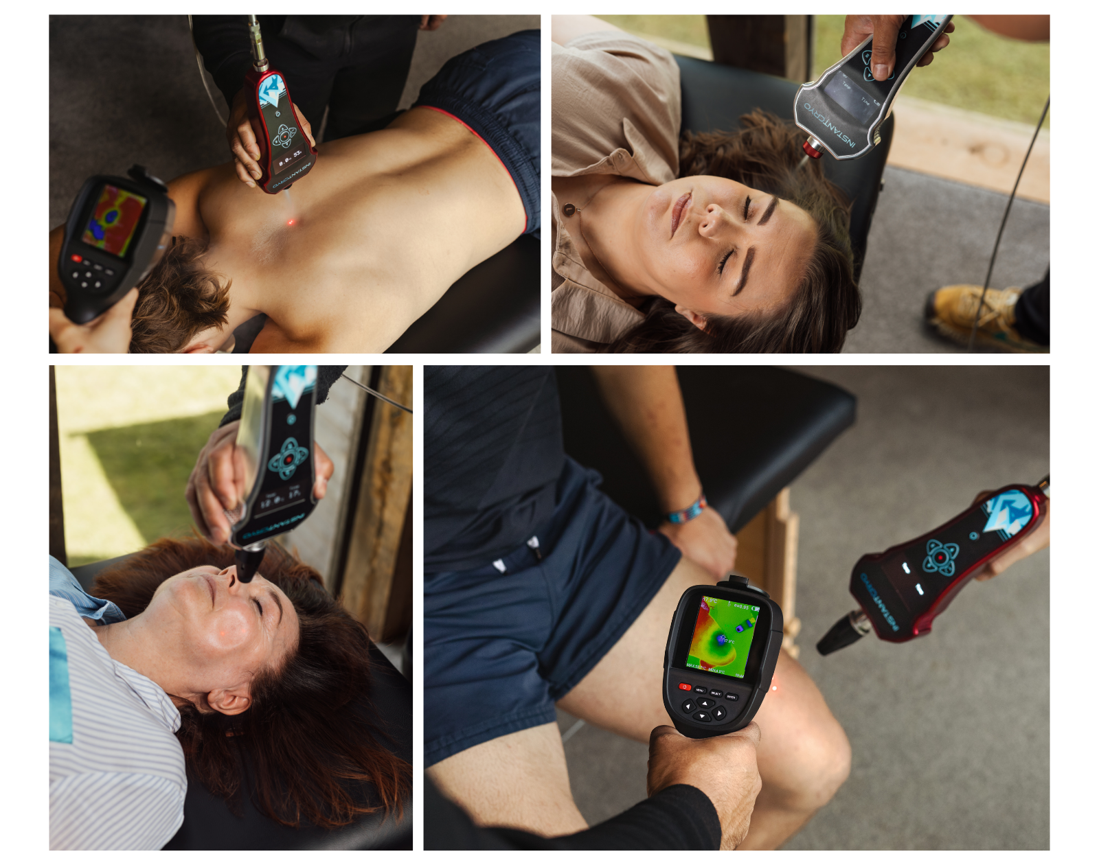 A localized cryotherapy device is used to treat a back, knee, and face.